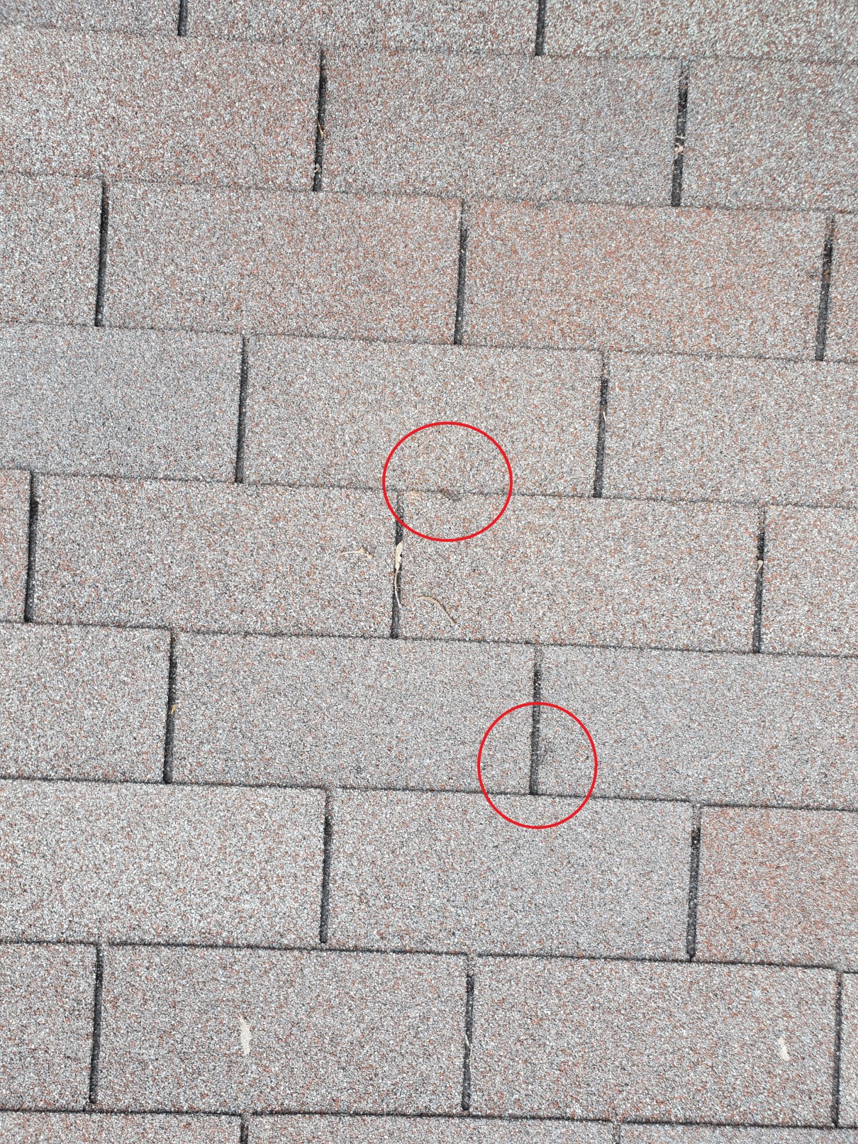 Close-up hail damage with stress cracks on asphalt roof shingles