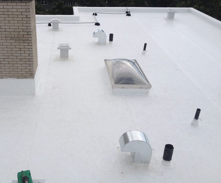 White TPO single-ply flat roof with skylights and pipe penetrations — commercial roofing